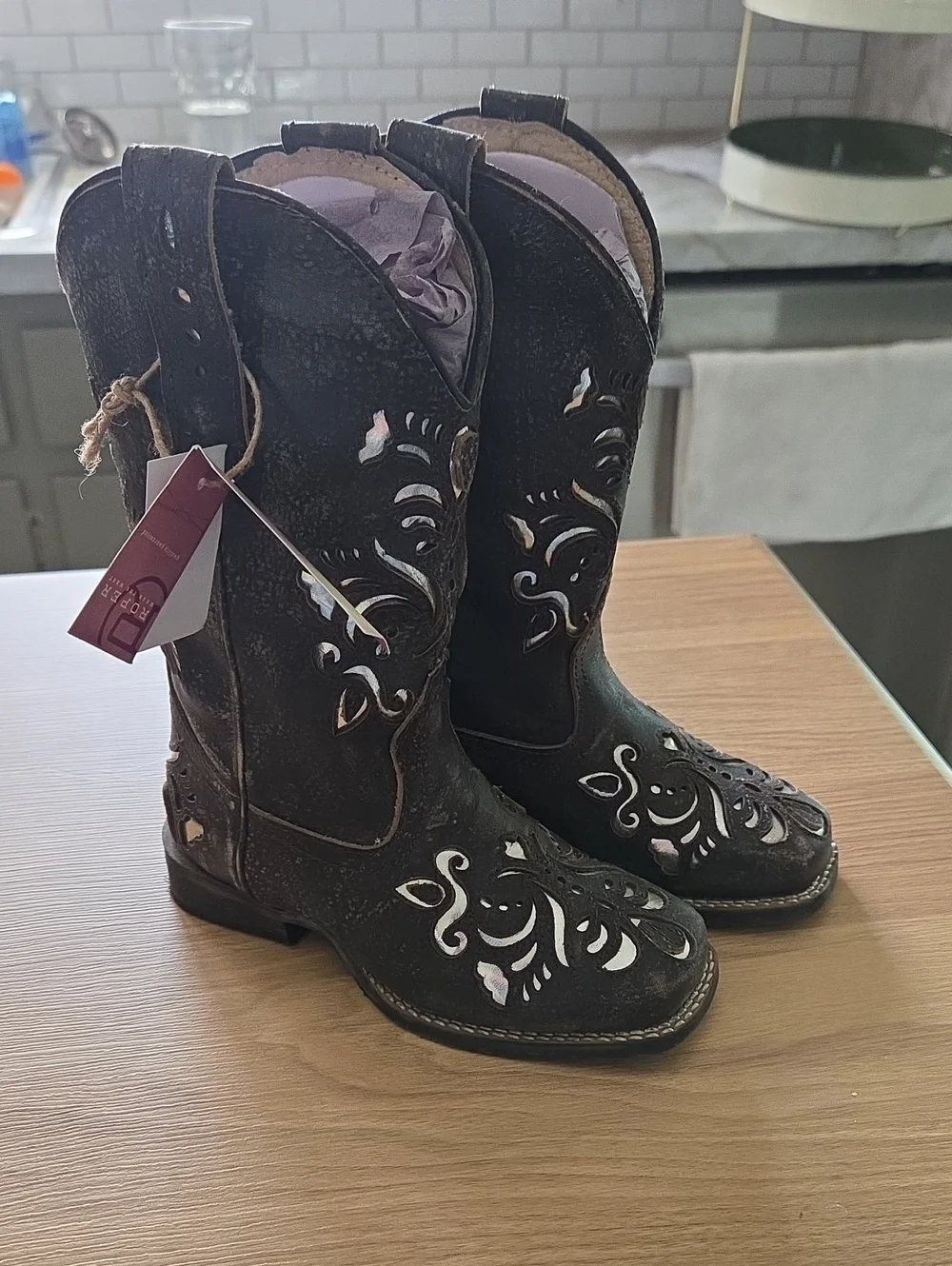 Roper Girls Belle Western Boots Metallic Silver Underlay